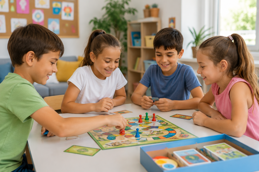Niños jugando a juegos de mesa durante una actividad relajada en un campamento de verano en Almería