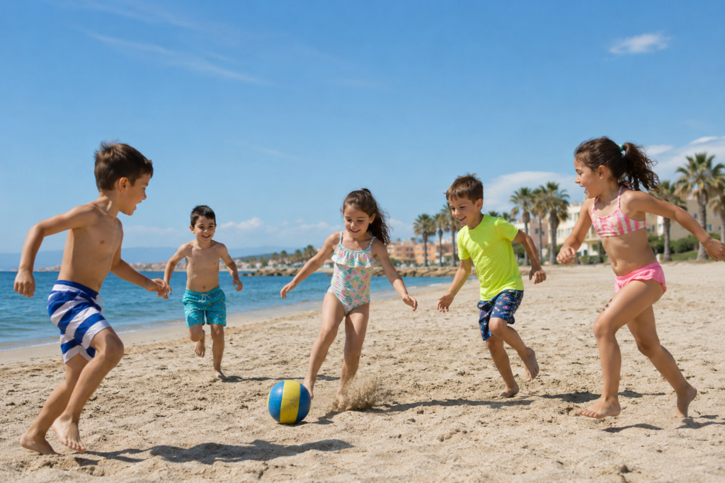 Niños jugando en la playa durante un campamento de verano en Almería