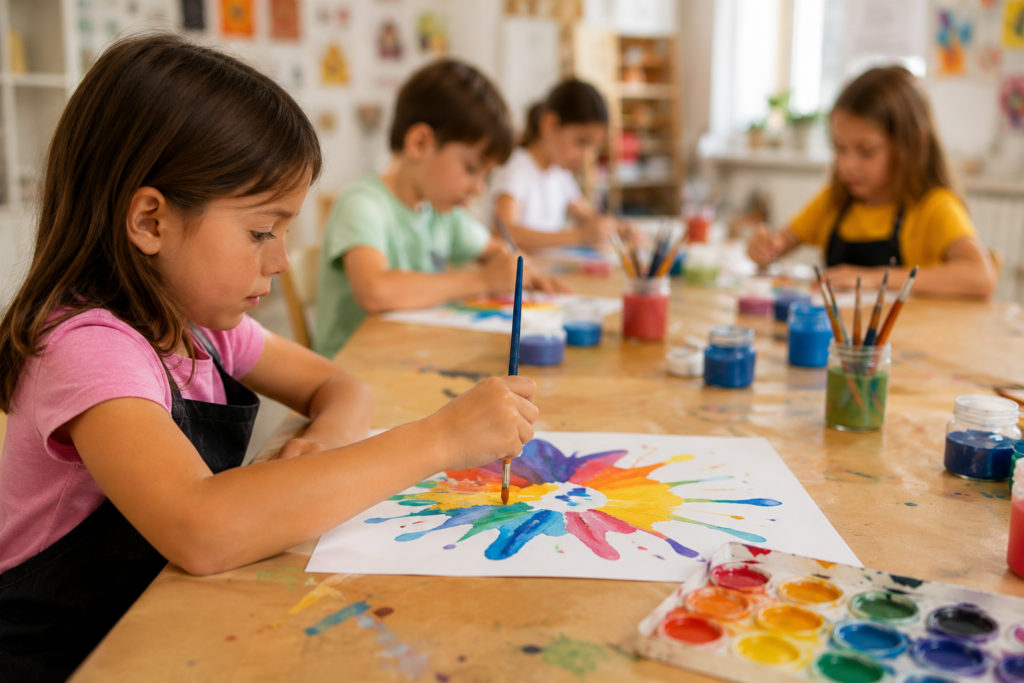 Niños realizando talleres creativos y manualidades en un campamento de verano en Almería